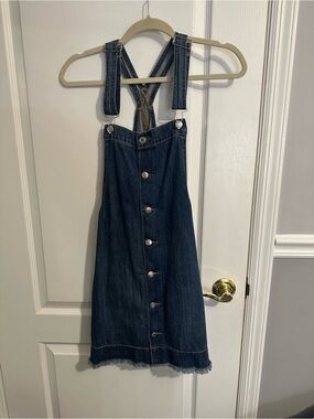 Button-Front Denim Dress with Straps - Dark Blue